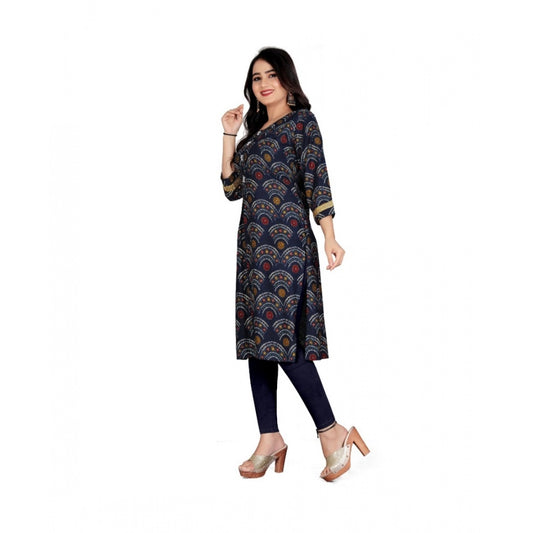 Generic Women's Rayon Foil Printed Straight Kurti (Navy Blue)