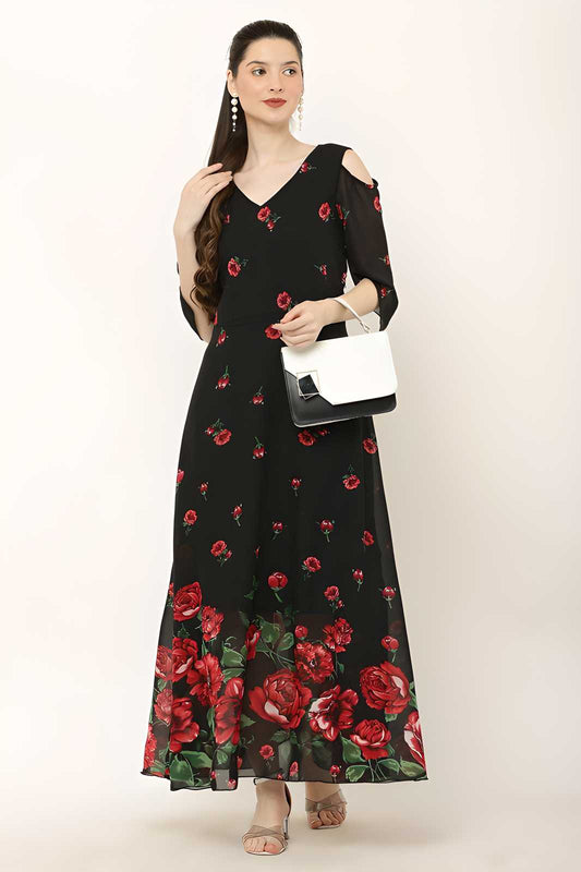 OS Vivient Women's Floral Print V-Neck Georgette Maxi Dress PRODUCT CODE (OS0010022)