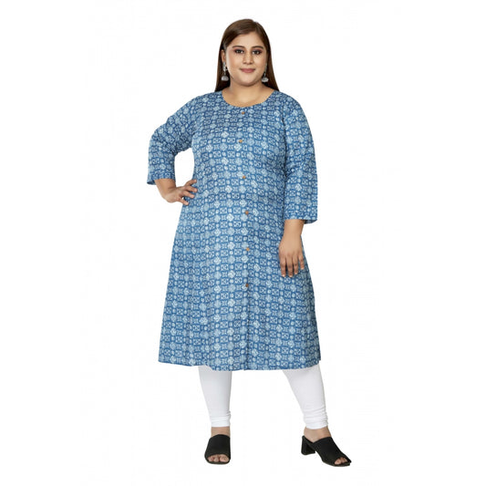 Generic Women's Casual 3/4th Sleeve Regular Printed Pure Cotton Prince Cut A-Line Kurti (Blue)