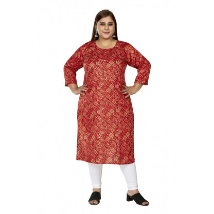 Generic Women's Casual 3/4th Sleeve Golden Foil Printed Capsule Cotton Straight Kurti (Red)