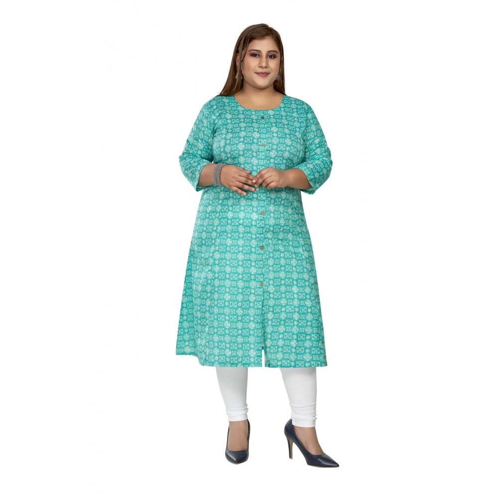 Generic Women's Casual 3/4th Sleeve Regular Printed Pure Cotton Prince Cut A-Line Kurti (Turquoise)