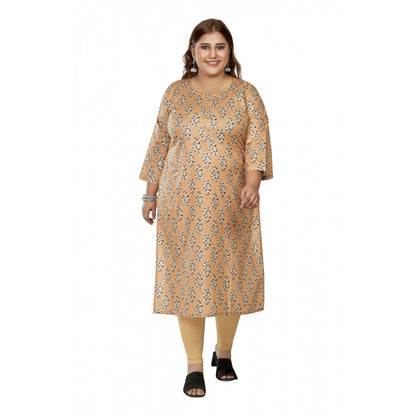 Generic Women's Casual 3/4th Sleeve Golden Foil Printed Pure Cotton Straight Kurti (Light Orange)