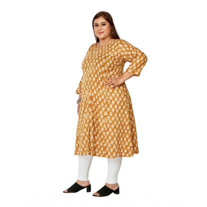 Generic Women's Casual 3/4th Sleeve Printed Pure Cotton Prince Cut A-Line Kurti (Mustard)