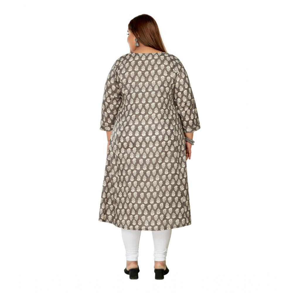 Generic Women's Casual 3/4th Sleeve Printed Pure Cotton Prince Cut A-Line Kurti (Grey)