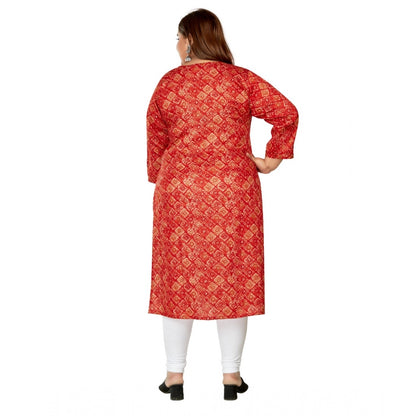 Generic Women's Casual 3/4th Sleeve Golden Foil Printed Capsule Cotton Straight Kurti (Red)