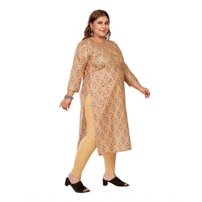 Generic Women's Casual 3/4th Sleeve Golden Foil Printed Pure Cotton Straight Kurti (Light Orange)