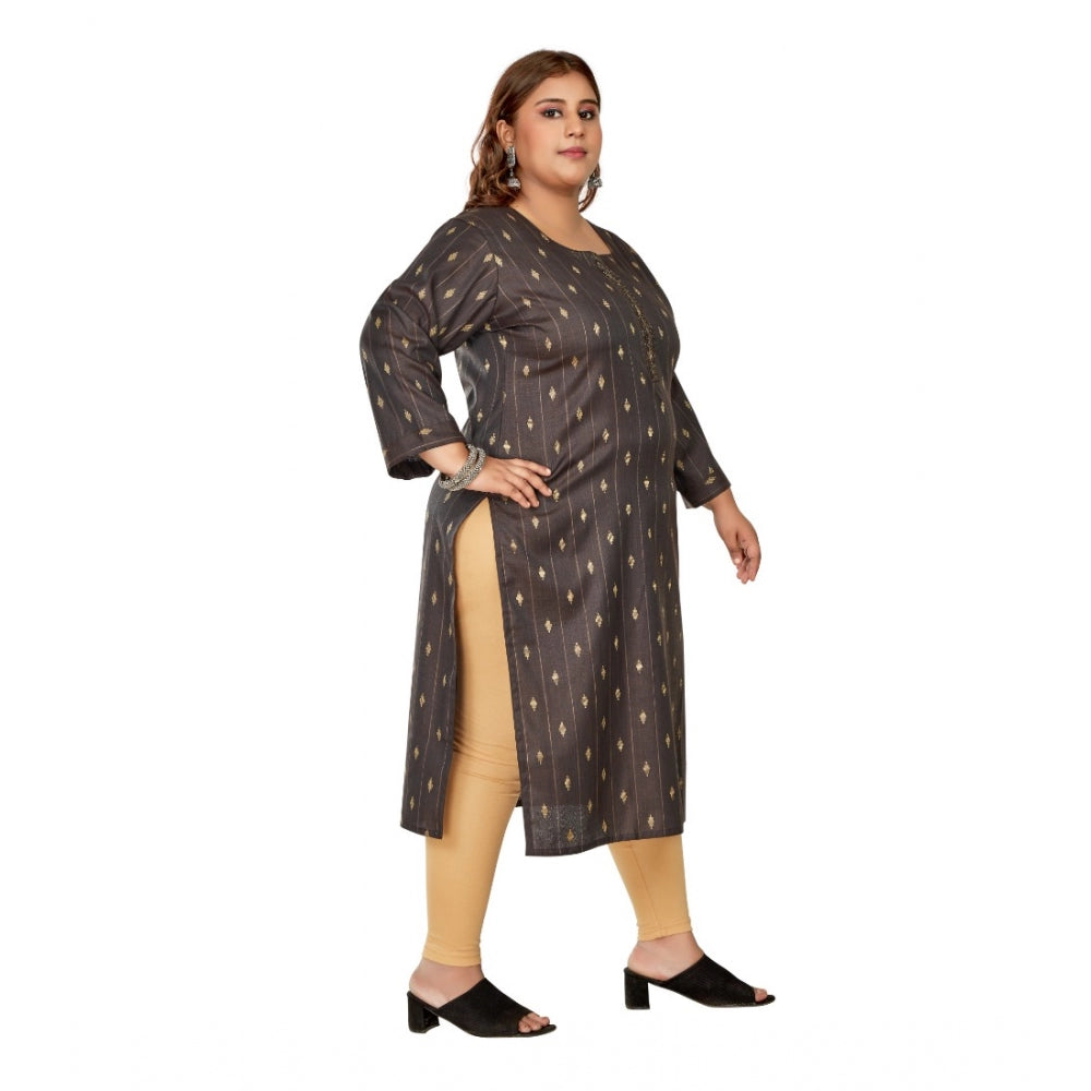 Generic Women's Casual 3/4th Sleeve Golden Embroidered Cotton Mix Straight Kurti (Dark Grey)