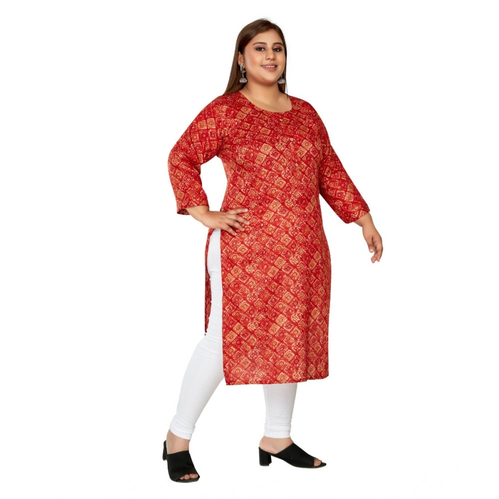 Generic Women's Casual 3/4th Sleeve Golden Foil Printed Capsule Cotton Straight Kurti (Red)