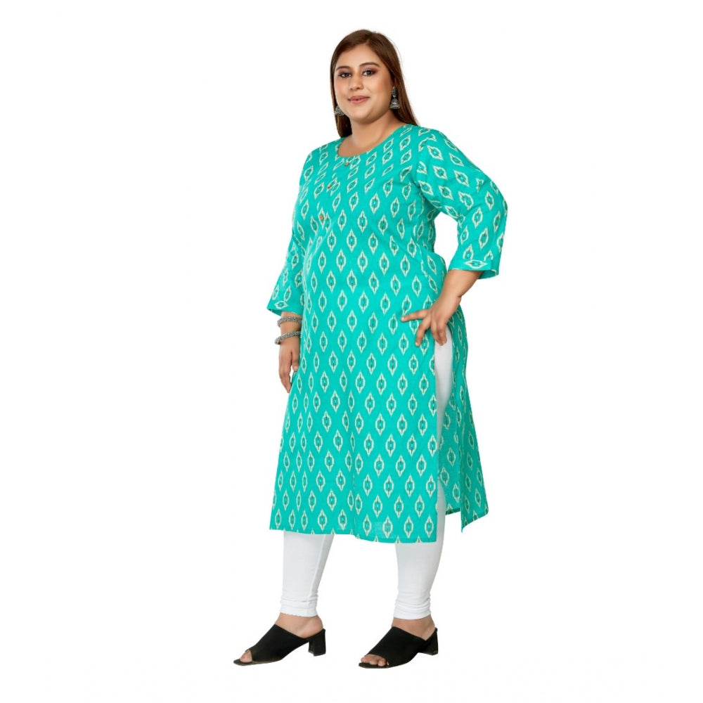 Generic Women's Casual 3/4th Sleeve Ikkat Printed Pure Cotton Straight Kurti (Turquoise)