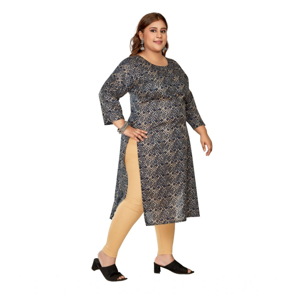 Generic Women's Casual 3/4th Sleeve Golden Foil Printed Capsule Cotton Straight Kurti (Navy Blue)