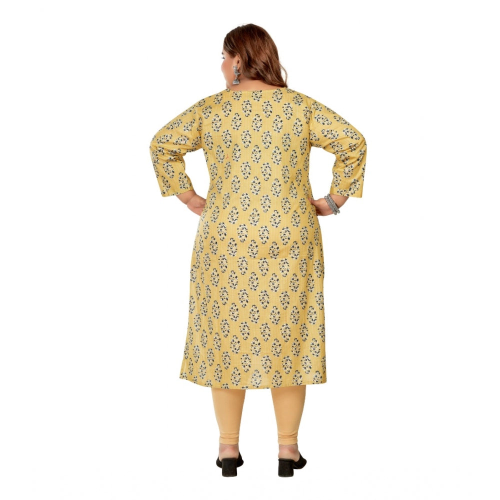 Generic Women's Casual 3/4th Sleeve Golden Foil Printed Pure Cotton Straight Kurti (Light Yellow)