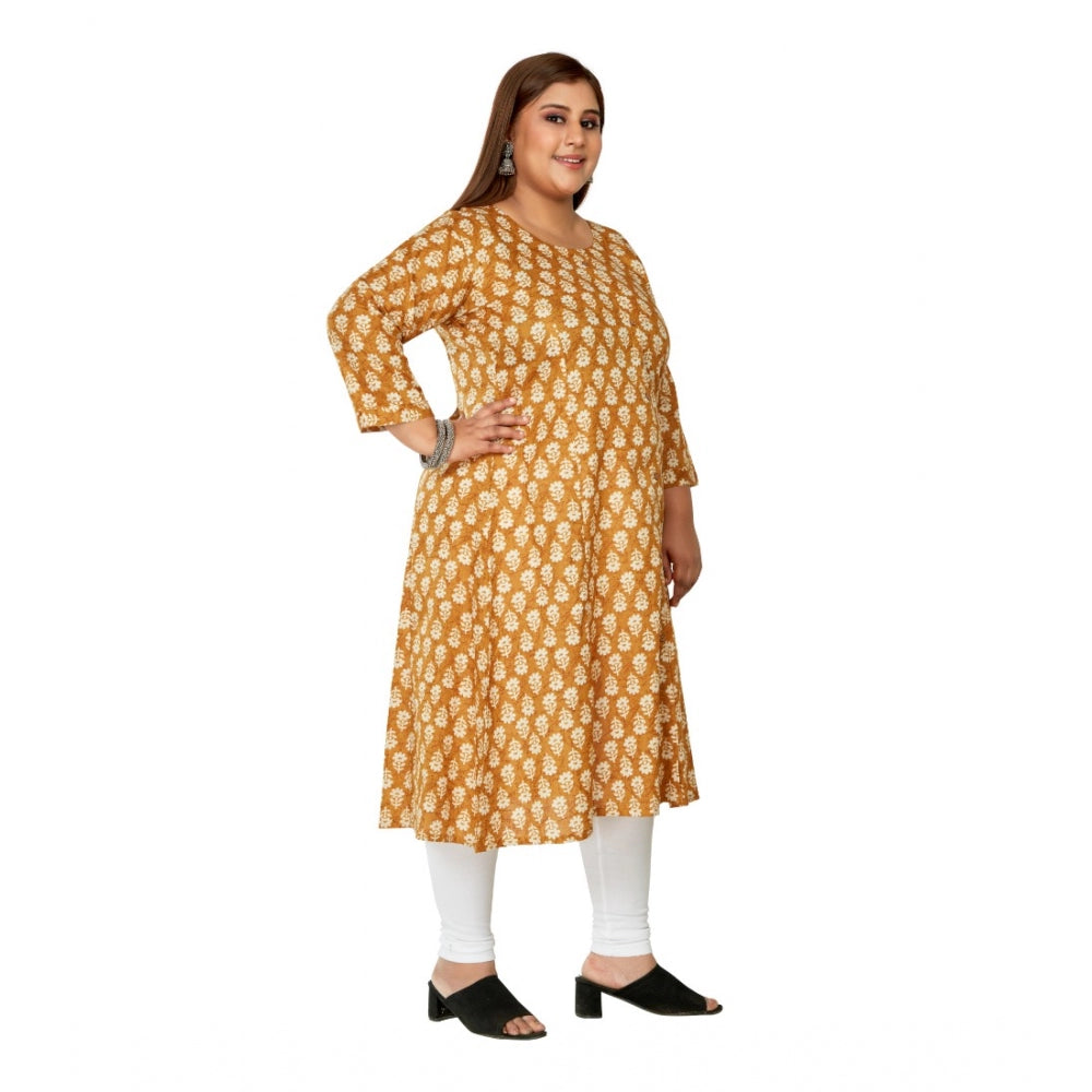 Generic Women's Casual 3/4th Sleeve Printed Pure Cotton Prince Cut A-Line Kurti (Mustard)