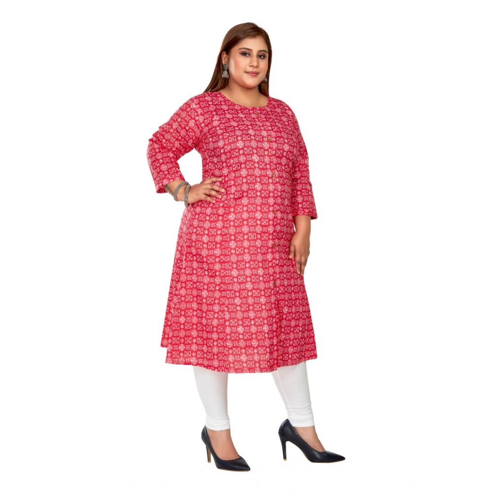 Generic Women's Casual 3/4th Sleeve Regular Printed Pure Cotton Prince Cut A-Line Kurti (Pink)