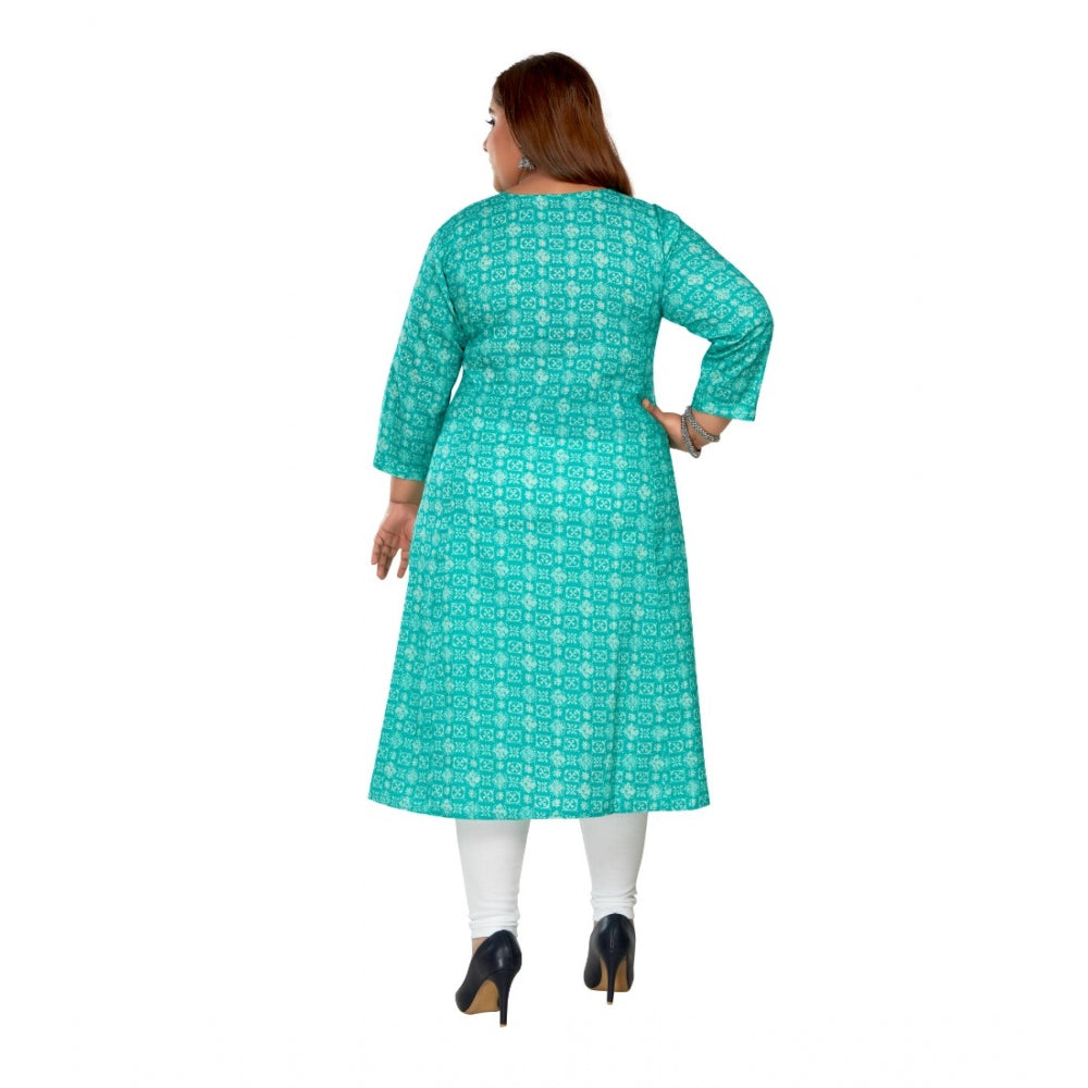 Generic Women's Casual 3/4th Sleeve Regular Printed Pure Cotton Prince Cut A-Line Kurti (Turquoise)