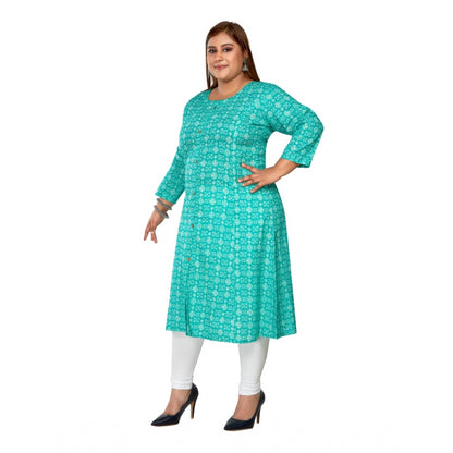 Generic Women's Casual 3/4th Sleeve Regular Printed Pure Cotton Prince Cut A-Line Kurti (Turquoise)