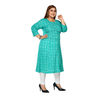 Generic Women's Casual 3/4th Sleeve Regular Printed Pure Cotton Prince Cut A-Line Kurti (Turquoise)