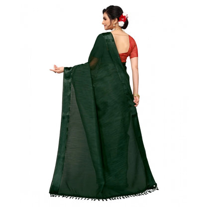 Generic Women's Cotton Blend Stripe Pattern Sarees (Green, 5-6 Mtrs)