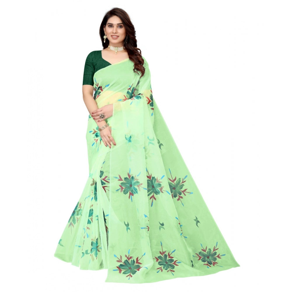 Generic Women's Organza Floral Pattern Sarees (Parrot Green, 5-6 Mtrs)