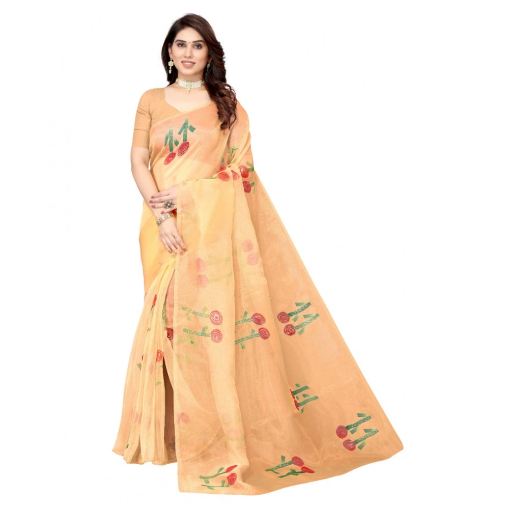 Generic Women's Organza Floral Pattern Sarees (Orange, 5-6 Mtrs)