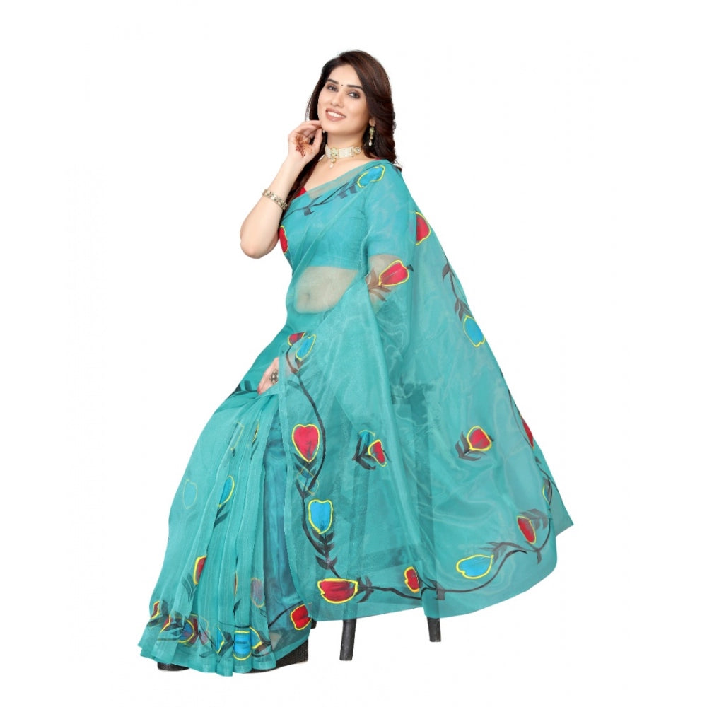 Generic Women's Organza Floral Pattern Sarees (Rama, 5-6 Mtrs)