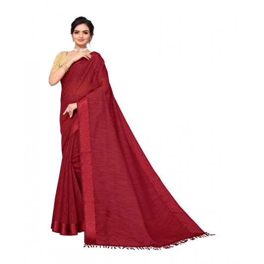 Generic Women's Cotton Blend Stripe Pattern Sarees (Maroon, 5-6 Mtrs)