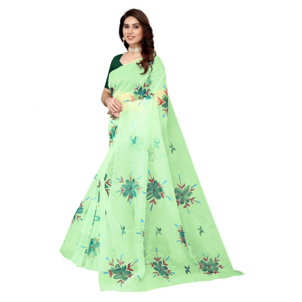 Generic Women's Organza Floral Pattern Sarees (Parrot Green, 5-6 Mtrs)