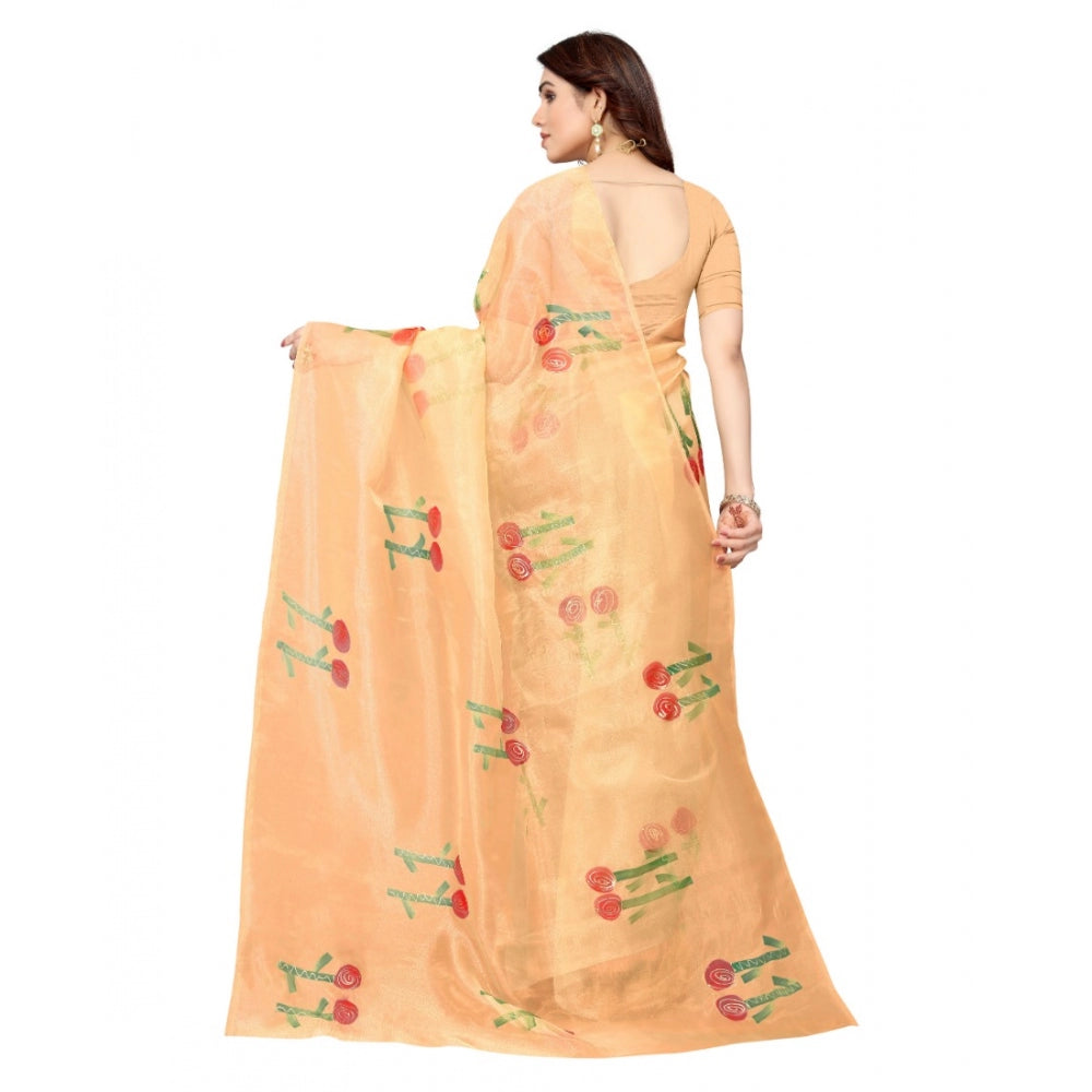 Generic Women's Organza Floral Pattern Sarees (Orange, 5-6 Mtrs)