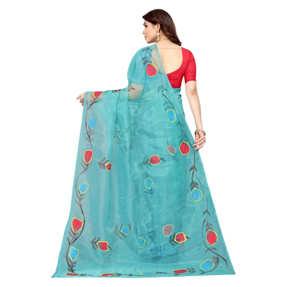 Generic Women's Organza Floral Pattern Sarees (Rama, 5-6 Mtrs)