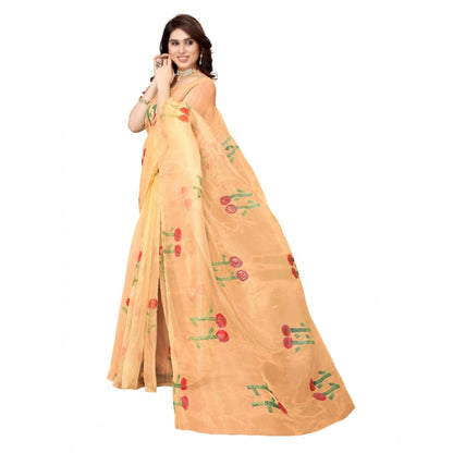 Generic Women's Organza Floral Pattern Sarees (Orange, 5-6 Mtrs)