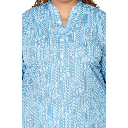 Generic Women's Casual 3/4th Sleeve Full printed Imported Synthetic Straight Kurti (Blue)