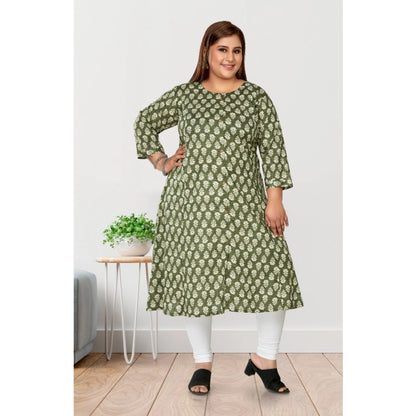 Generic Women's Casual 3/4th Sleeve Printed Pure Cotton Prince Cut A-Line Kurti (Green)