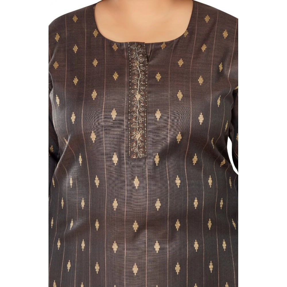 Generic Women's Casual 3/4th Sleeve Golden Embroidered Cotton Mix Straight Kurti (Dark Grey)