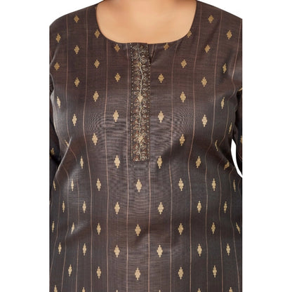 Generic Women's Casual 3/4th Sleeve Golden Embroidered Cotton Mix Straight Kurti (Dark Grey)