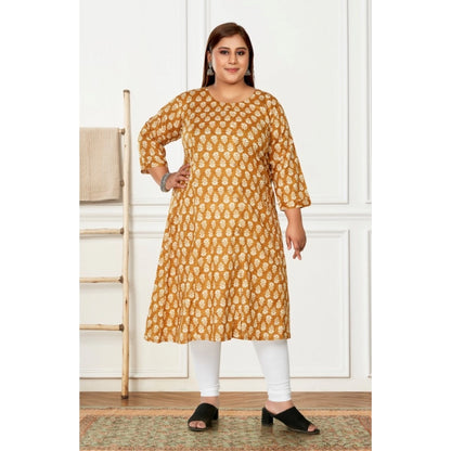 Generic Women's Casual 3/4th Sleeve Printed Pure Cotton Prince Cut A-Line Kurti (Mustard)