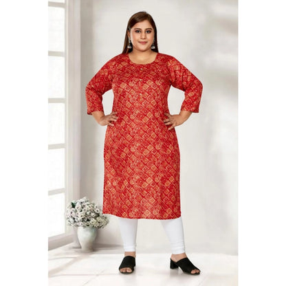 Generic Women's Casual 3/4th Sleeve Golden Foil Printed Capsule Cotton Straight Kurti (Red)