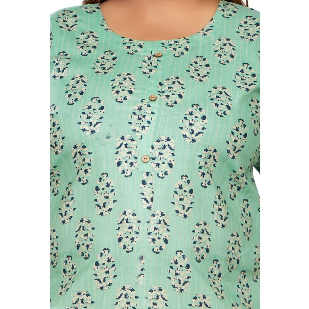 Generic Women's Casual 3/4th Sleeve Golden Foil Printed Pure Cotton Straight Kurti (Pista Green)