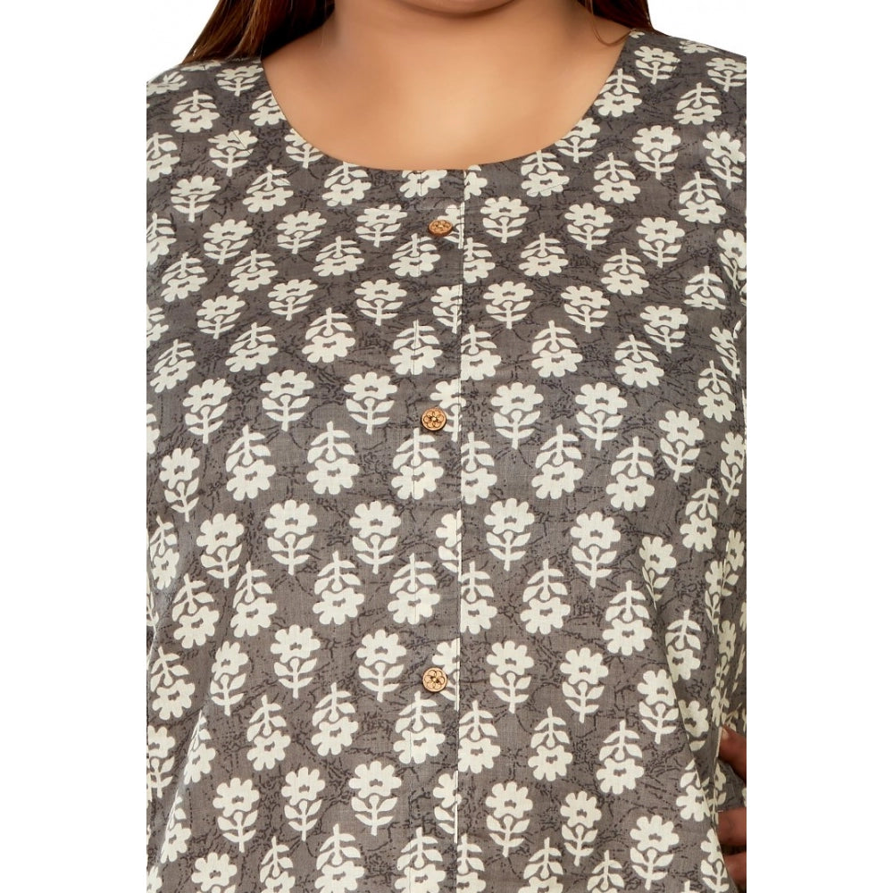 Generic Women's Casual 3/4th Sleeve Printed Pure Cotton Prince Cut A-Line Kurti (Grey)