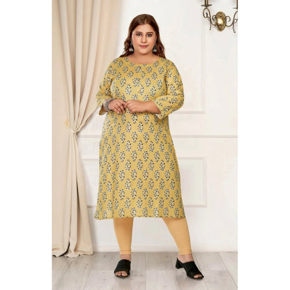 Generic Women's Casual 3/4th Sleeve Golden Foil Printed Pure Cotton Straight Kurti (Light Yellow)