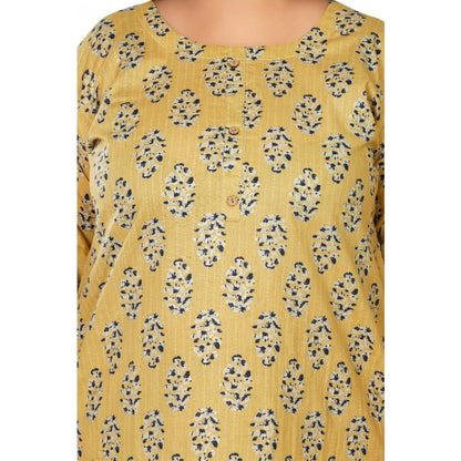 Generic Women's Casual 3/4th Sleeve Golden Foil Printed Pure Cotton Straight Kurti (Light Yellow)