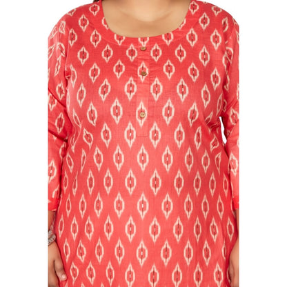 Generic Women's Casual 3/4th Sleeve Ikkat Printed Pure Cotton Straight Kurti (Pink)