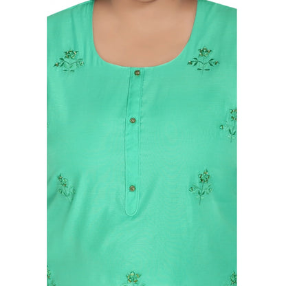 Generic Women's Casual 3/4th Sleeve Rayon Mirror Embroidered Straight Kurti (Green)