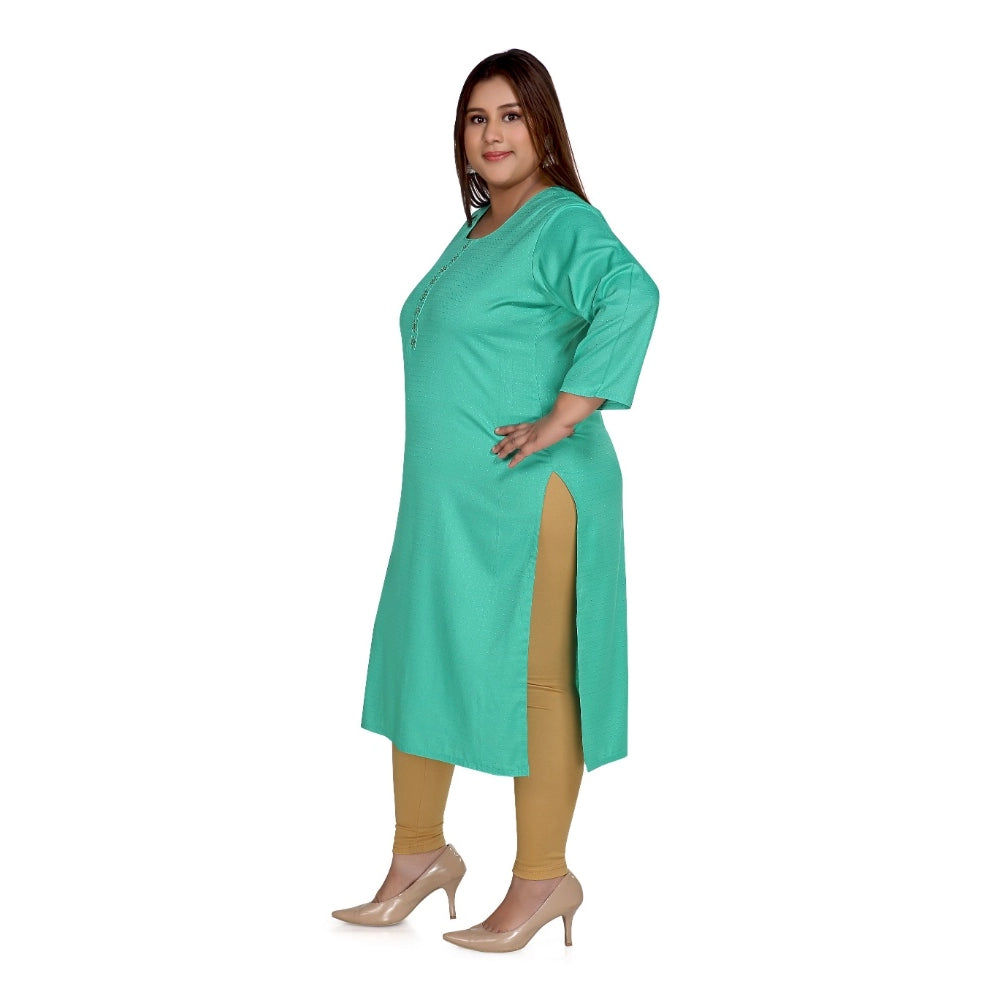 Generic Women's Casual 3/4th Sleeve Rayon Mirror Embroidered Straight Kurti (Turquoise)