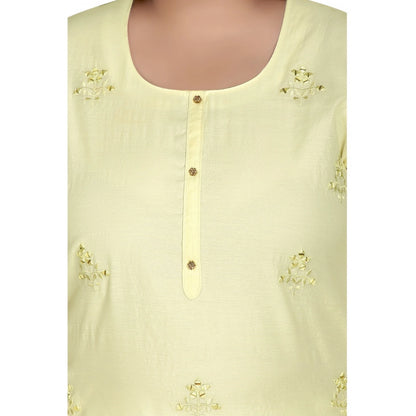 Generic Women's Casual 3/4th Sleeve Rayon Mirror Embroidered Straight Kurti (Light Yellow)