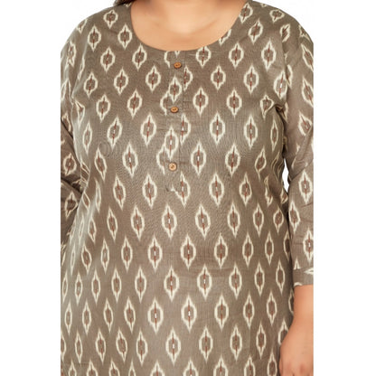 Generic Women's Casual 3/4th Sleeve Pure Cotton Ikkat Printed Straight Kurti (Dark Grey)