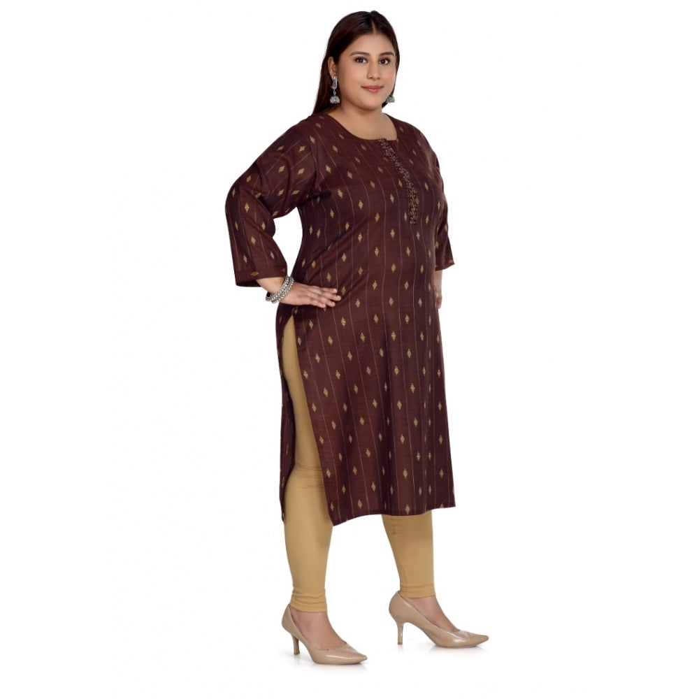 Generic Women's Casual 3/4th Sleeve Cotton Mix Golden Embroidered Straight Kurti (Maroon)