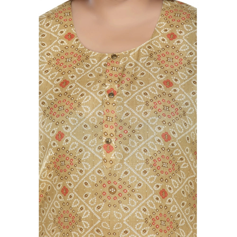 Generic Women's Casual 3/4th Sleeve Rayon Golden Foil Printed Straight Kurti (Tan)