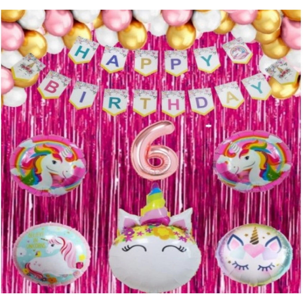 Generic 6Th Happy Birthday Decoration Combo With Unicorn Foil Balloon (Pink)