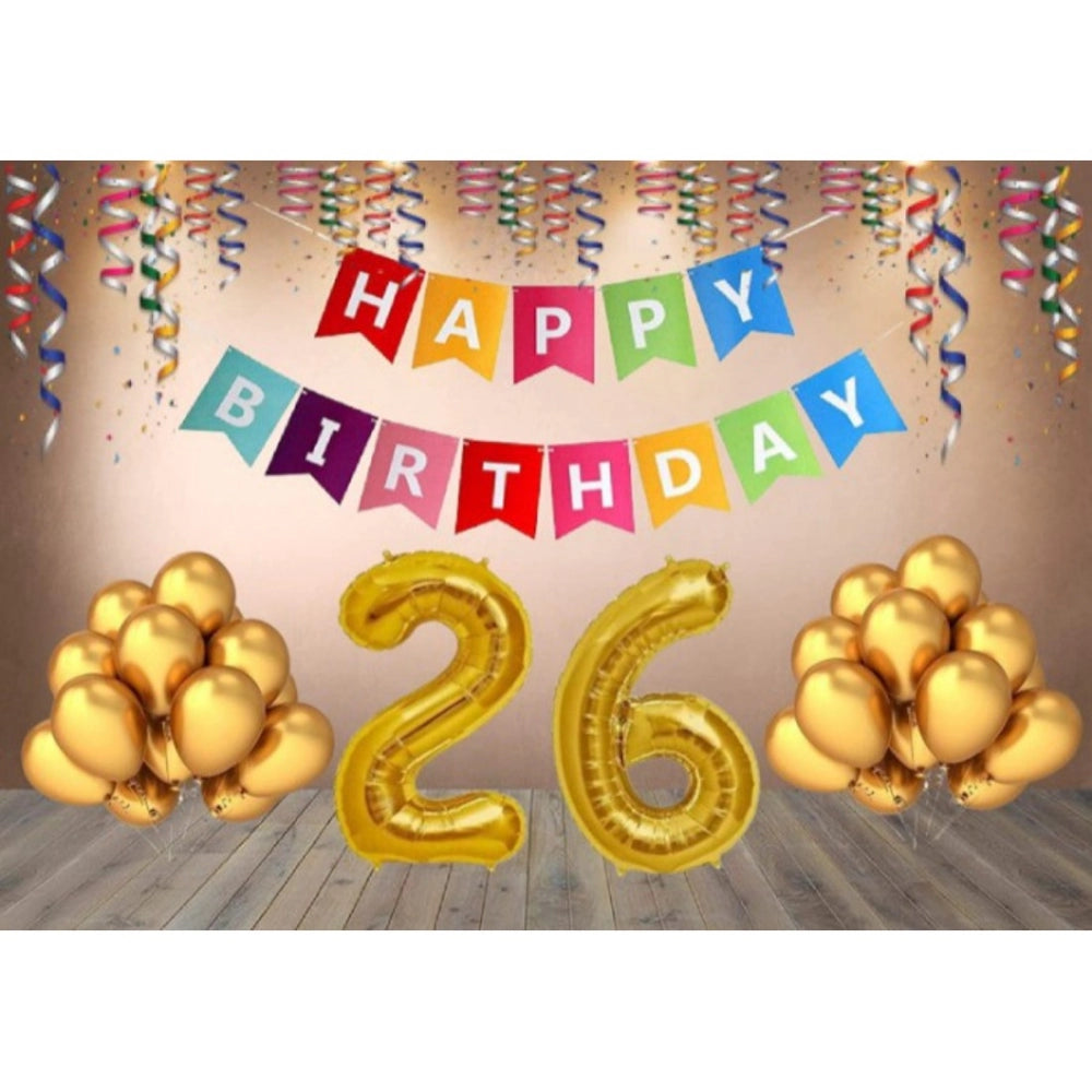 Generic 26Th Happy Birthday Decoration Combo With Multi Color Banner (Golden)