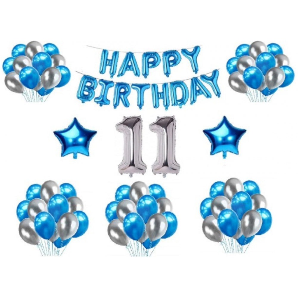 Generic 11Th Happy Birthday Decoration Combo With Foil And Star Balloons (Blue, Silver)