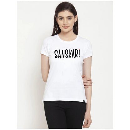 Generic Women's Cotton Blend Sanskari Printed T-Shirt (White)